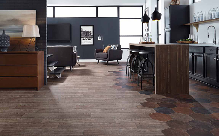 Open concept kitchen with mixed hardwood and tile